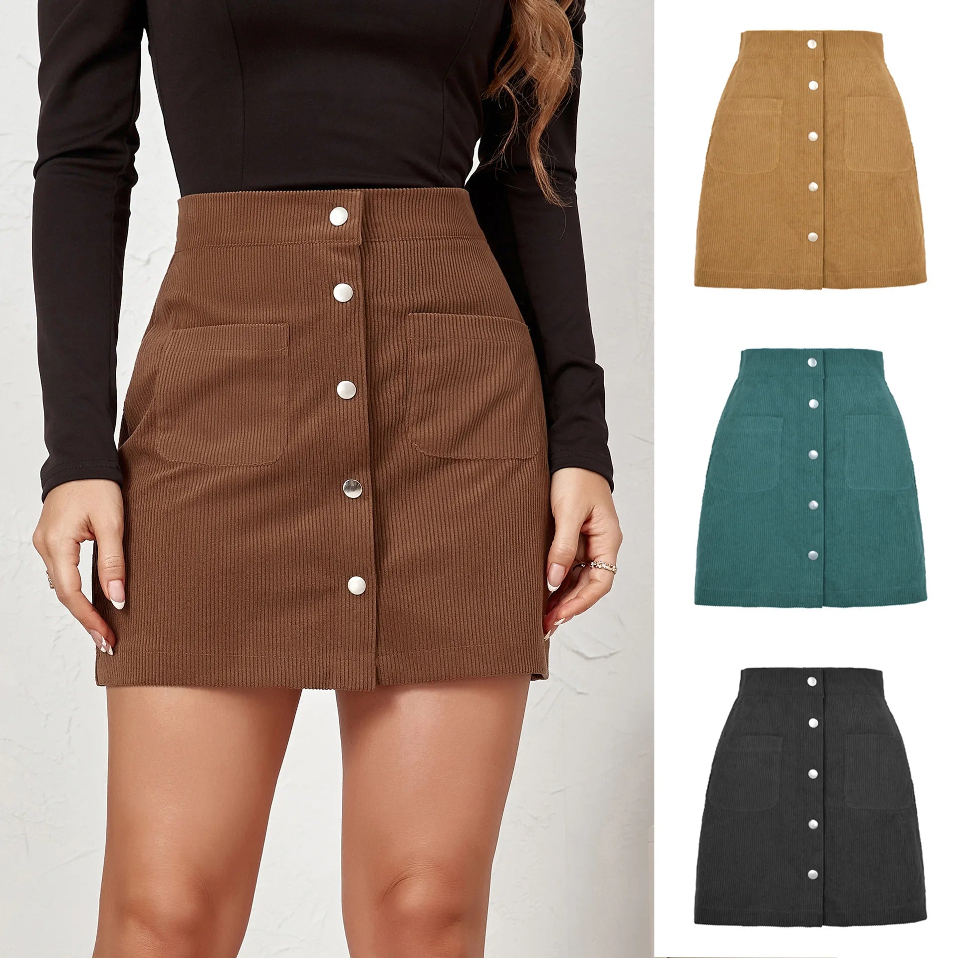 In Stock Ship Fast Women Autumn Winter Skirt Adult Buttons Front Corduroy Skirt