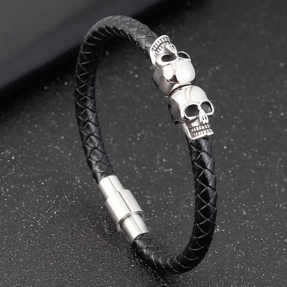 Hip Hop Handmade Rope Bracelet Punk Stainless Steel Magnetic Clasp Skull Genuine Leather Braided Bracelet Men Jewelry SK-004
