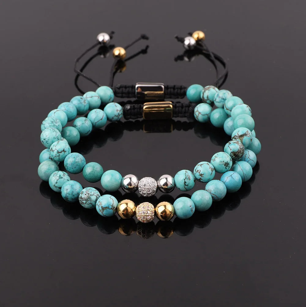 New Fashion Real Blue Turquoise CZ Mirco Pave Disc Beaded Macrame Bracelet Women JBS10713