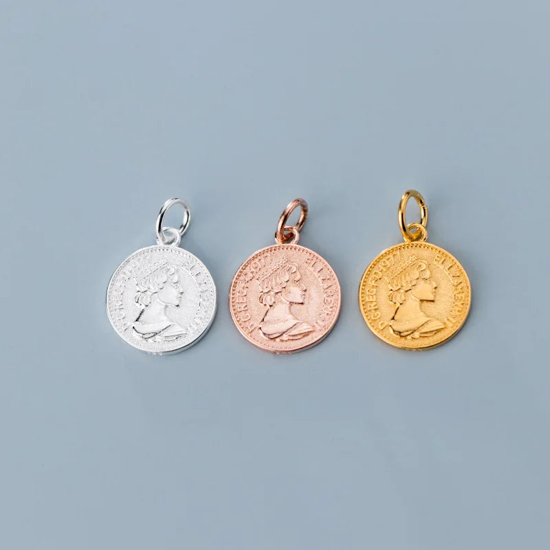12mm Dainty Minimalist Coin Charm 925 Sterling Silver Queen Elizabeth Portrait Pendant for Jewelry Making