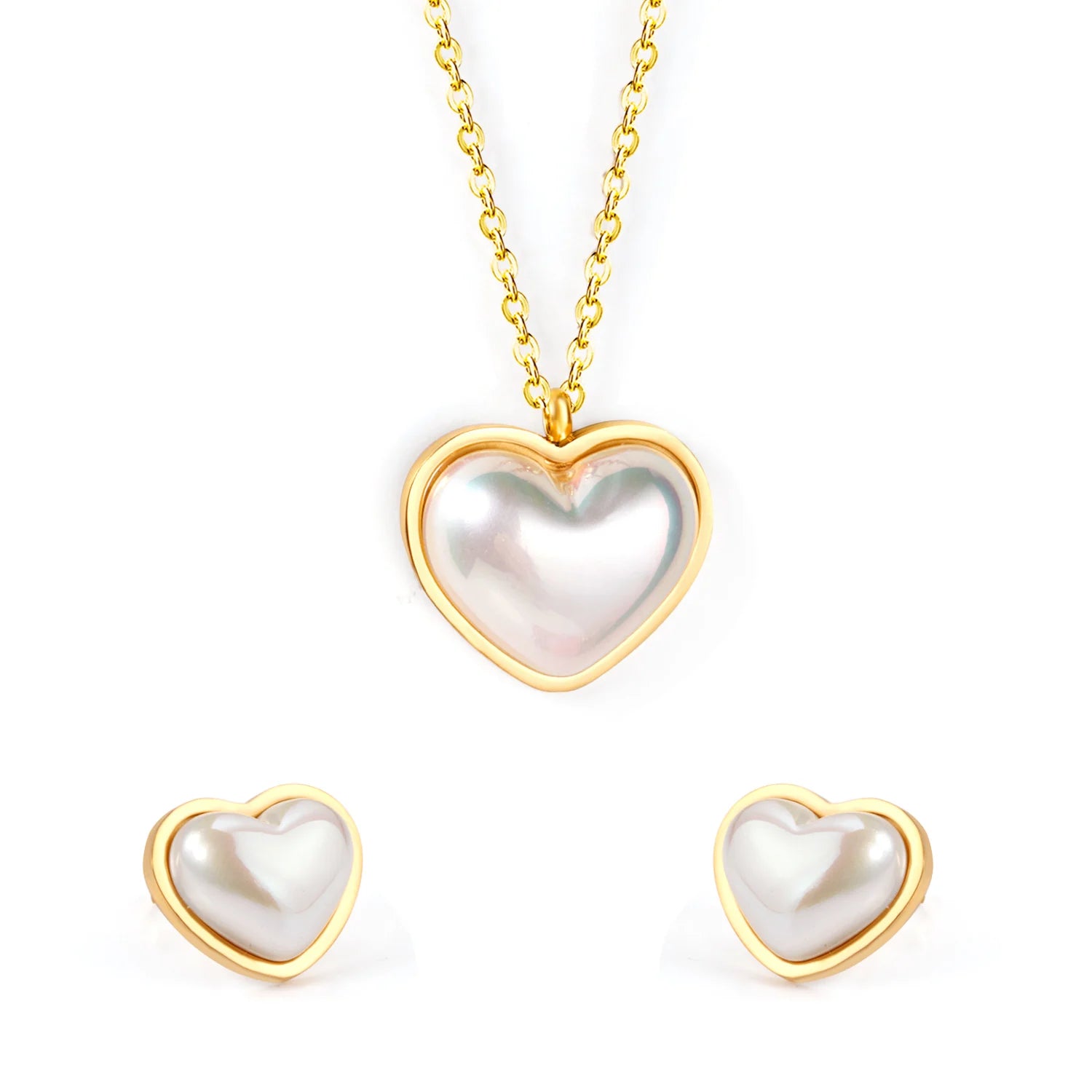 Trendy Jewelry Party Stainless Steel 18K Gold Plated Chunky Heart Pearl Jewelry Set Pendant Necklace and Earring Set for Sale
