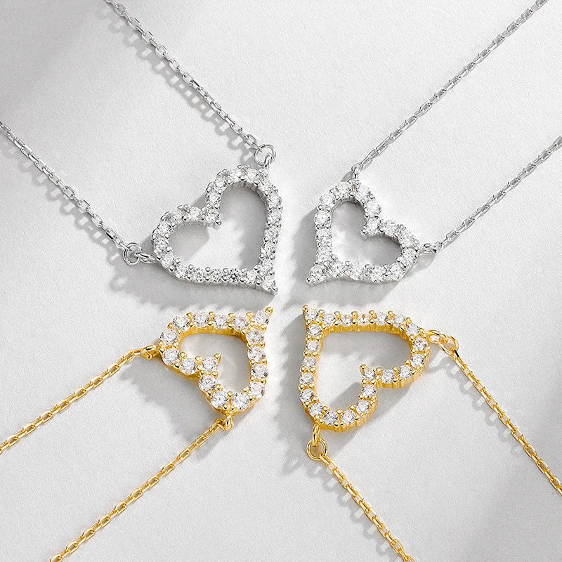 Dainty 925 Sterling Silver CZ Zircon Hollow Heart Pendant Necklace for Women Wholesale