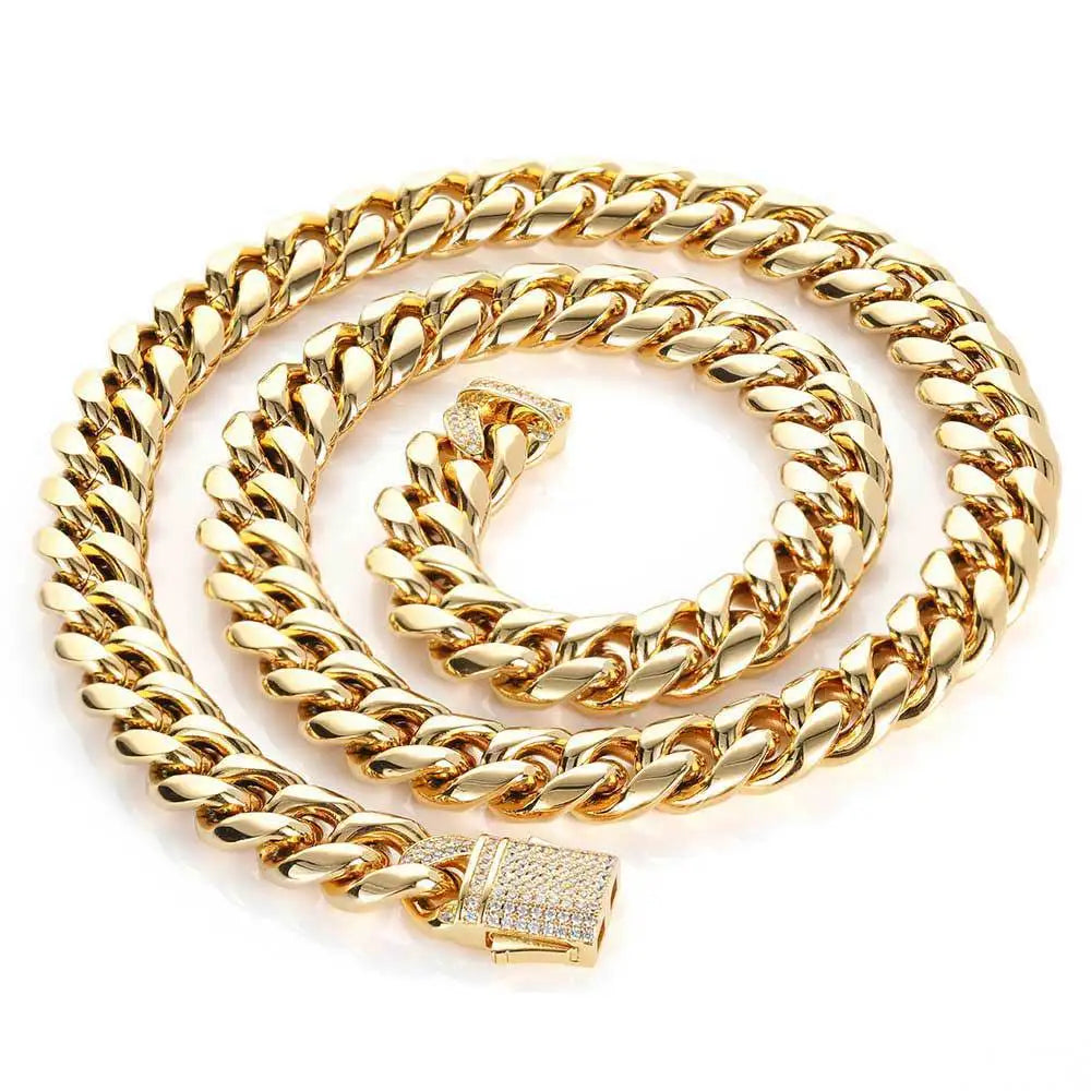 VEROMCA 10mm E Micro Pave CZ Diamond Clasp Stainless Steel Chain Gold Plated Jewelry Necklace for Men and Women's Gift