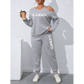 F240030 Custom Printed Embroidery Logo One-Shoulder Opening Asymmetric Sweatshirt Sweatpants Joggers Women Hoodie Tracksuit Set