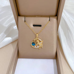 Cute INS Fashion Stainless Steel Blue Crystal Unicorn Moon and Star Pendant Necklace for Women Girls Jewelry