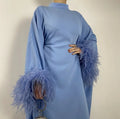 Ready-to-Wear Women's Satin Sheath Dress with Feather Detail High Neck for Prom Party Size Free Abaya Dress