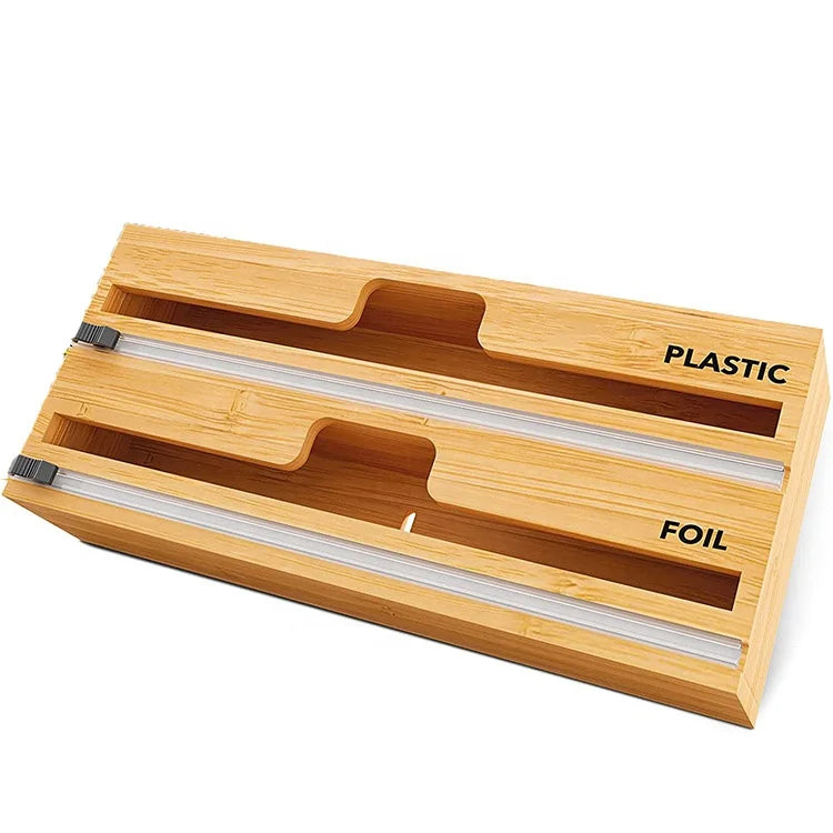 Kitchen Accessories Natural Bamboo Cling Film Tin Foil Storage Box Vegetable Fruit Plastic Cling Film Cutter