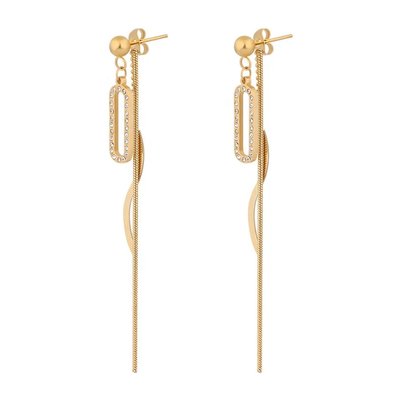 Ladies Crystal Big Long Tassel Gold Plated Stainless Steel Drop Earrings for Women Female Wedding Jewelry White Zircon Wholesale