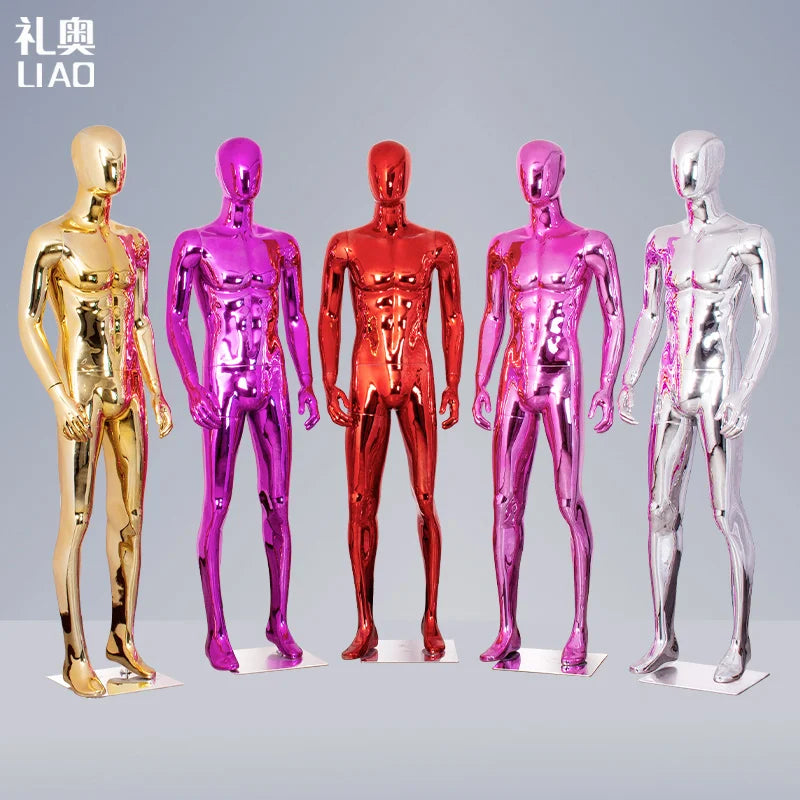 Boutique Shinny Gold Chrome Silver Blue Full Body Fiberglass Mannequin for Men Plus Size Stand Display