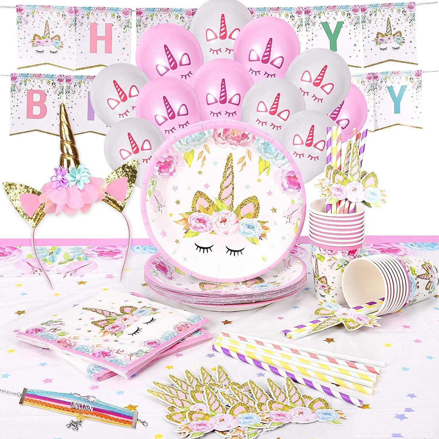 Pink Happy Birthday Latex Balloon Banner Set Disposable Unicorn Theme Party Supplies Decorations for Girls Kids Made of Paper
