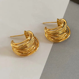 Delicate 925 Silver Needle C Shaped Hoop Earrings High Grade Luxury Gold Hollow Multilayer Line Wrapped Stud Earrings Women