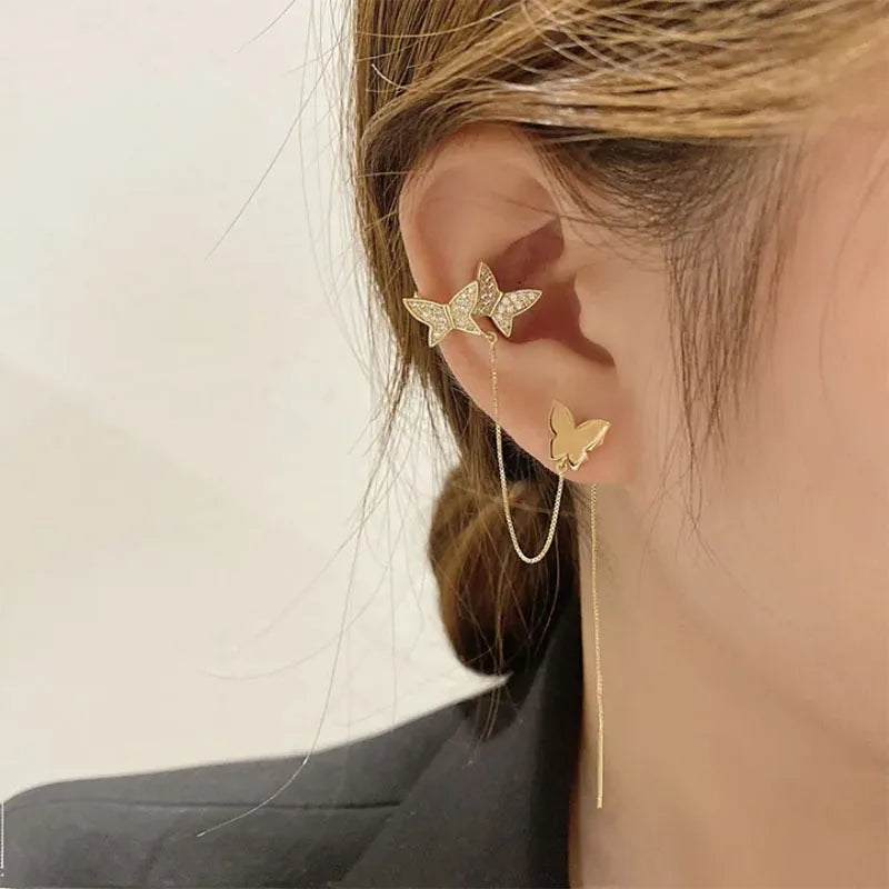 2022 Trendy Design Rhinestone Long Chain Butterfly Earrings Studs Women Crystal Crescent Tassel Piercing Earring