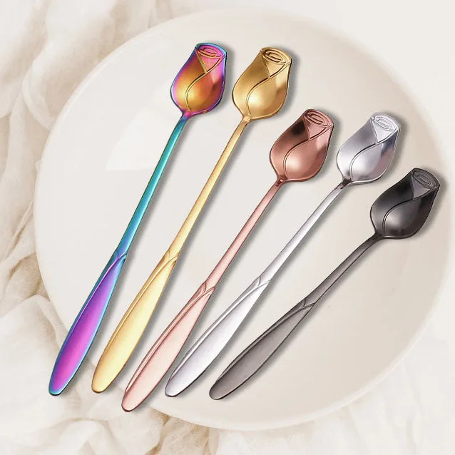 Custom 13/15/17cm Rose Shape Metal Stainless Steel Stirring Coffee Dessert Spoon
