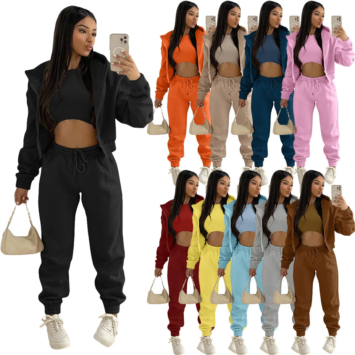 Wholesale Plain Full Zip up Custom Logo High Quality Oversized Women Hoodie Jogger Set