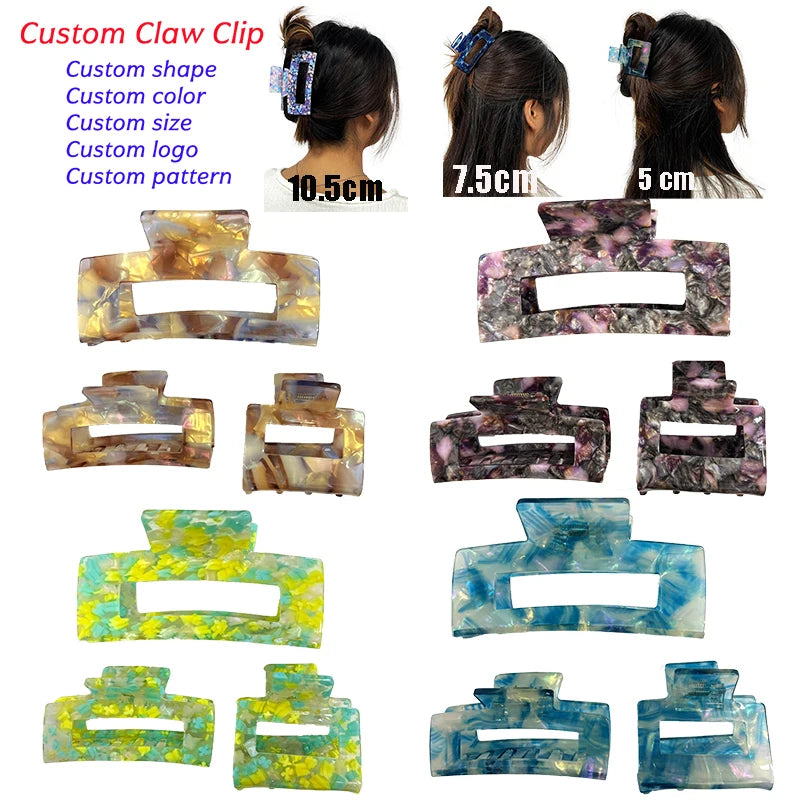 Custom Logo Color 5cm 7.5cm 10cm Oil Painting Starry Sky  Women Acetate Hair Clip Square Out Hollow Claw Hair