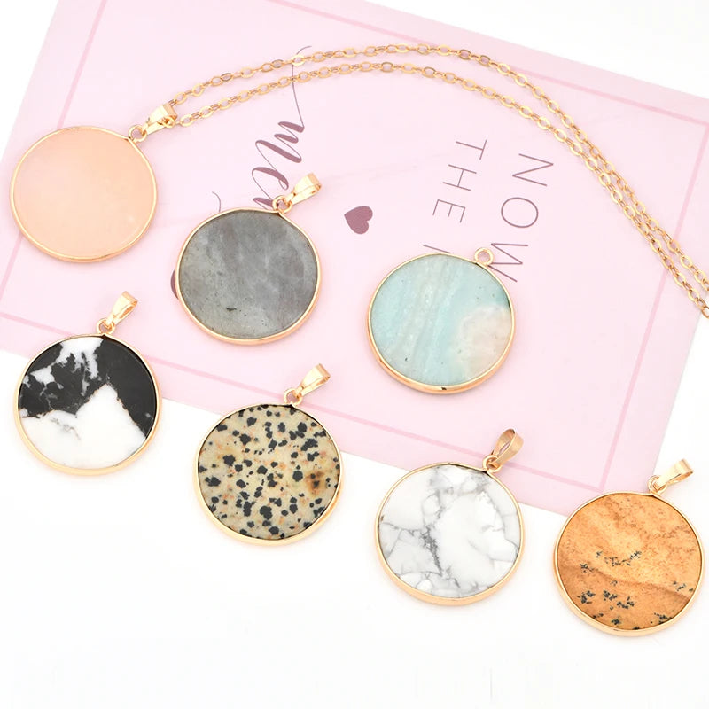 Wholesale Gemstone Round Pendant Necklace Fashion Trend Jewelry Gemstone Pendant Gold Plated  Necklace