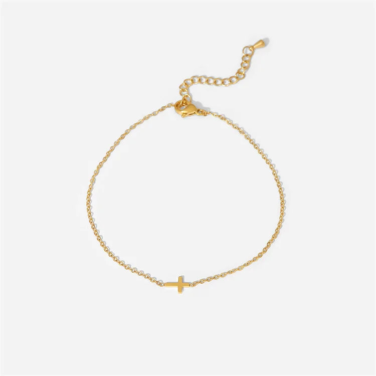 Dainty 18k Gold Plated Stainless Steel Bracelets Jewelry Gift Waterproof Fine Chain Cross Charm Bracelet