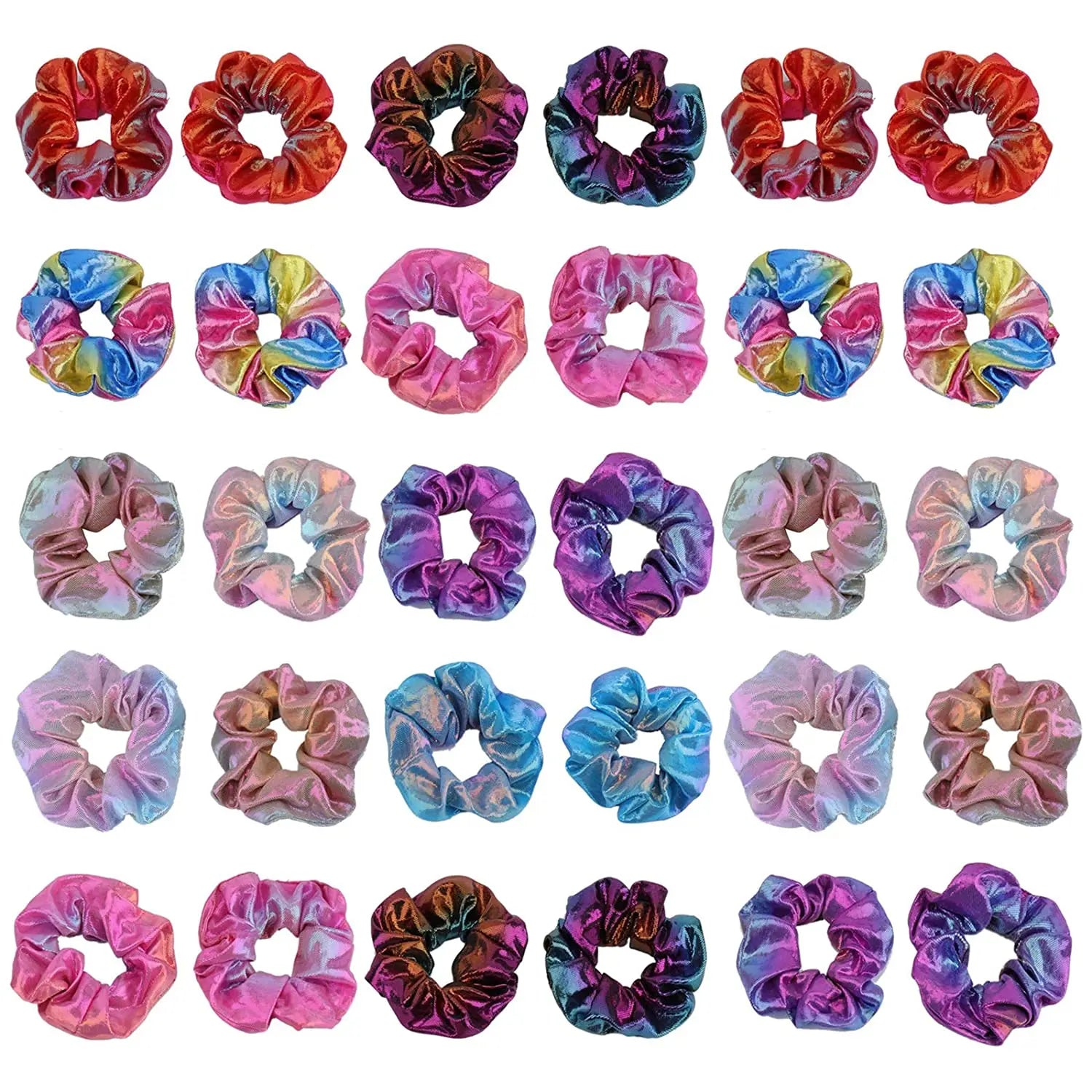Bulk Wholesale Durable Shiny Rainbow Elastic Polyester Fabric Ponytail Holder Custom Metallic Hair Tie Scrunchies for Women