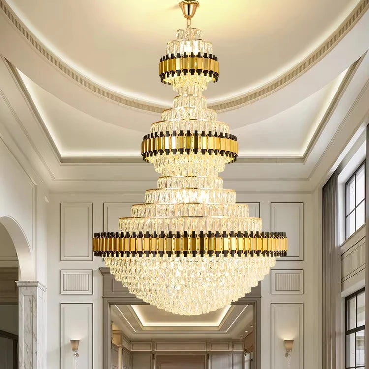 Classic Golden Round Multi-layer Large Crystal Chandelier for Banquet Hall Wedding Decoration Hotel Lobby Led Chandelier