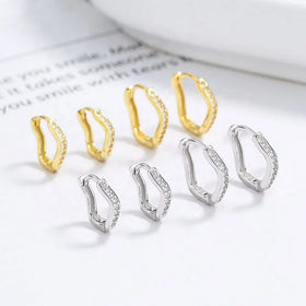 Fashion 925 Sterling Silver Statement Earrings Geometric Irregular Distortion Twist Shape Row of Zircon Gold Plated Hoop Earring