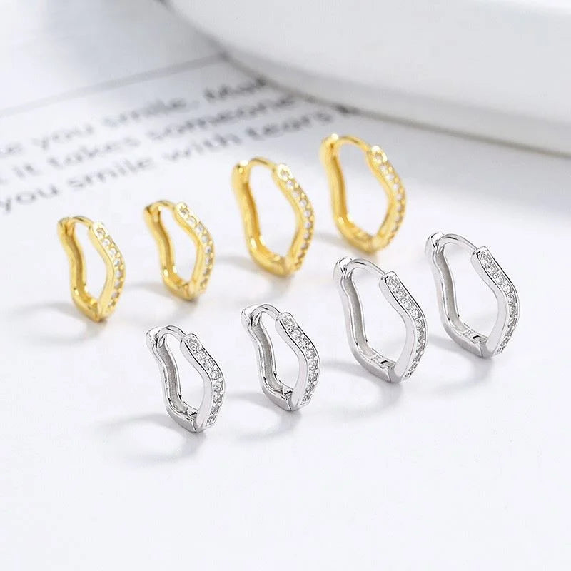 Fashion 925 Sterling Silver Statement Earrings Geometric Irregular Distortion Twist Shape Row of Zircon Gold Plated Hoop Earring