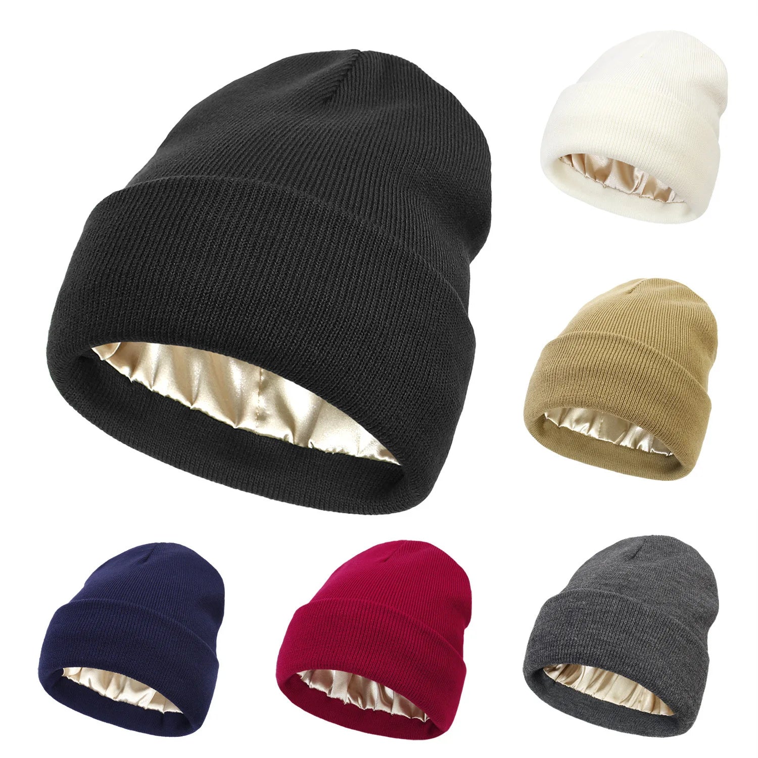 Men Silky Lining Slouchy Skull Cap Knitted Cuffed Skiing Knit Hat Unisex Satin Lined Winter Beanie for Women