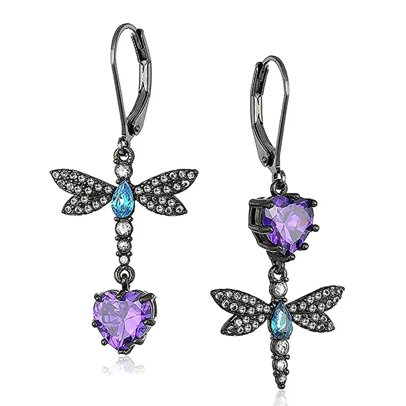 New Design Asymmetric Crystal Dragonfly Heart Drop Earrings for Women Hiphop Party Jewelry
