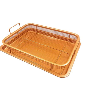 Deluxe 2-Piece PTFE Coated Non-Stick Crisping Basket Set Rectangle Steel Tray Dishwasher Safe Premium Kitchen Air Fryer Oven