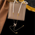Stainless Steel 18k Gold Plated butterfly Pearl Pendant Necklace for Women New Trend Girls Neck Jewelry Chain Party Wedding Gift
