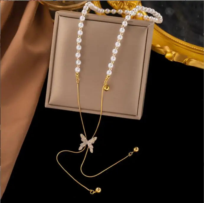 Stainless Steel 18k Gold Plated butterfly Pearl Pendant Necklace for Women New Trend Girls Neck Jewelry Chain Party Wedding Gift