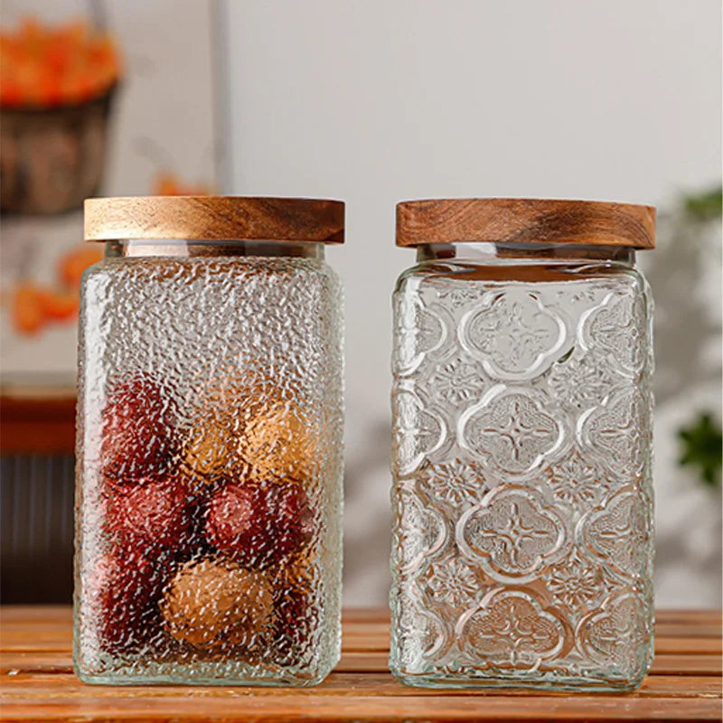 Wholesale Vintage Begonia Flower Kitchen Square Glass Sealed Food Storage Jar  for Tea Coffee Bean Grain