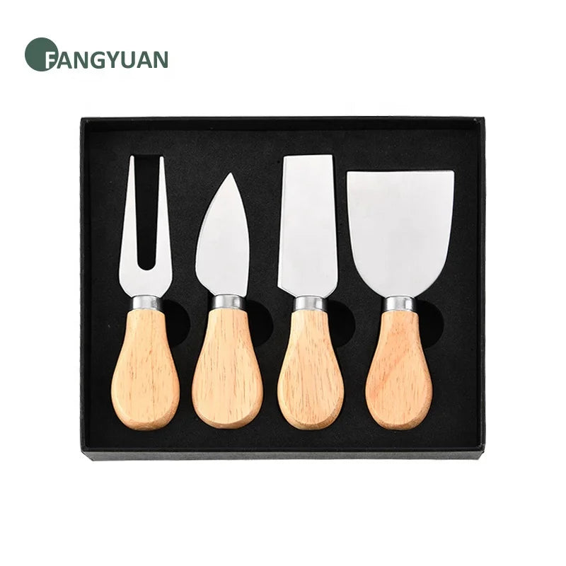 FANGYUAN 4 Pieces Set Wood Wooden Handle Stainless Steel Cheese Tools Knife Set Wholesale Cheese Dispenser with Gift Box