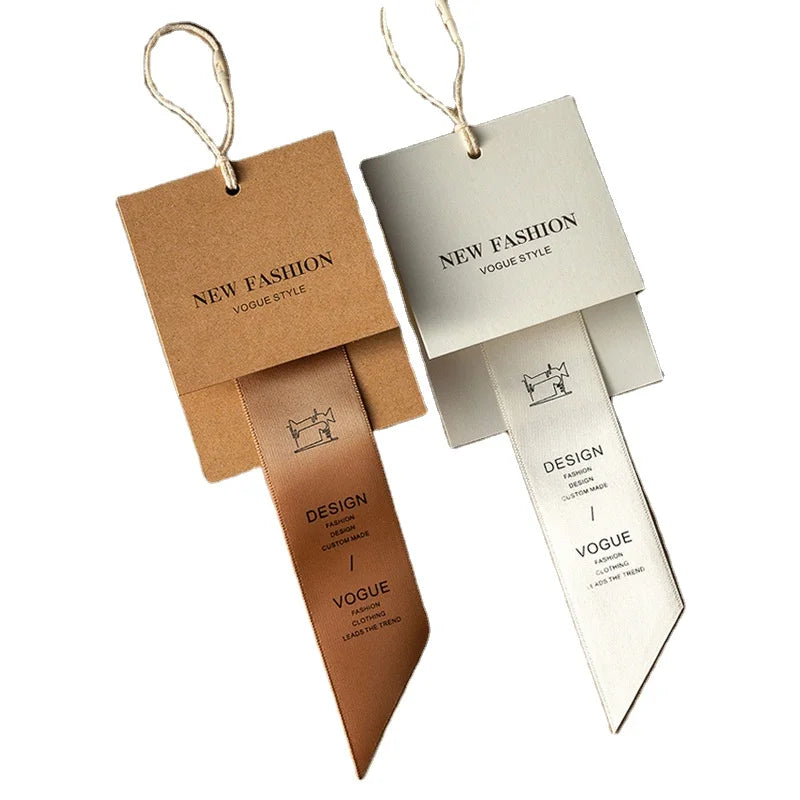 2025 Hot Sale Hang Tag Printed Logo Ribbon Gold Stamping Tag Luxury Swing Tags Free Design Paper Labels Clothing