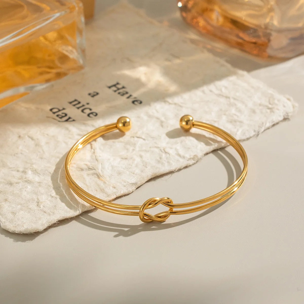 Minimalist Stainless Steel 18k Gold Plated Waterproof Knot Double-layer Hollow Thin Open Bracelet Bangle