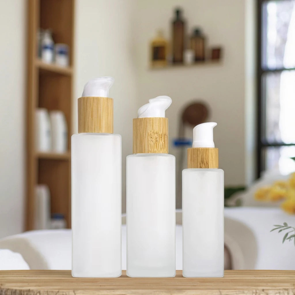 Hot Selling 100ml Frosted Glass Cream Jar Bamboo Pump Lid 60ml Capacity Cylinder Shape Screw Collar PP Polished Perfumed Packing