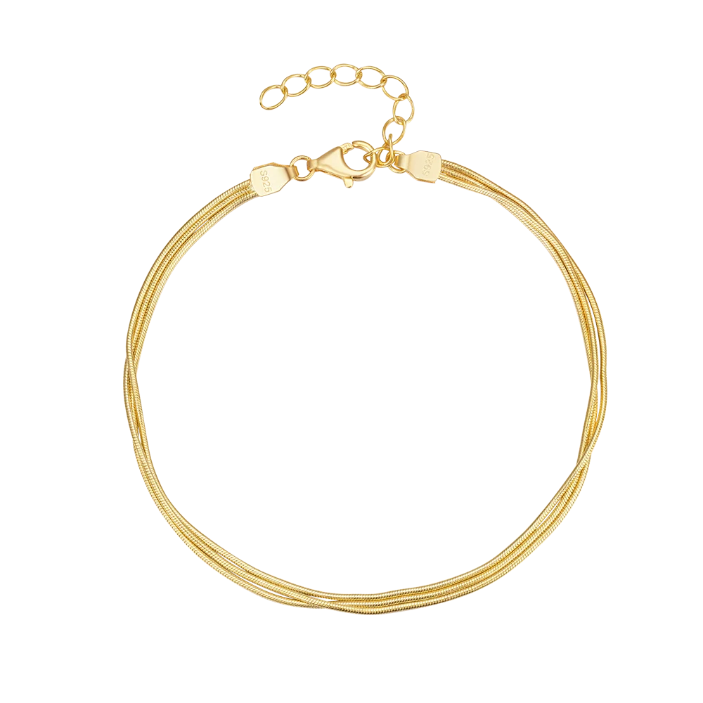 Fashion Jewelry 925 Sterling Silver Minimalist Simple Plain Three Layer Snake Bone Chain Gold Plated Bracelets for Women
