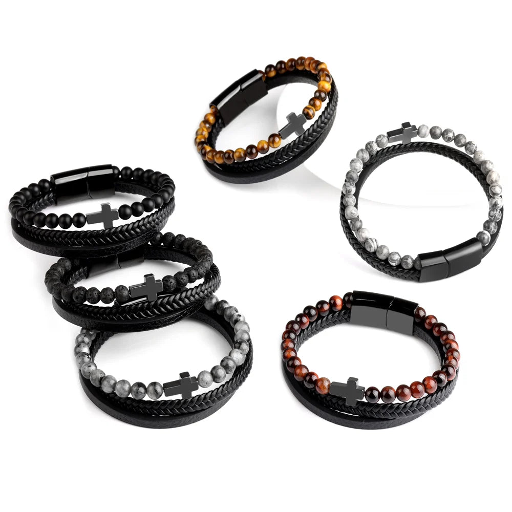 3 Layer Genuine Leather Natural Beads Bangle Hematite Cross Stainless Steel Clasp Fashion Bracelet