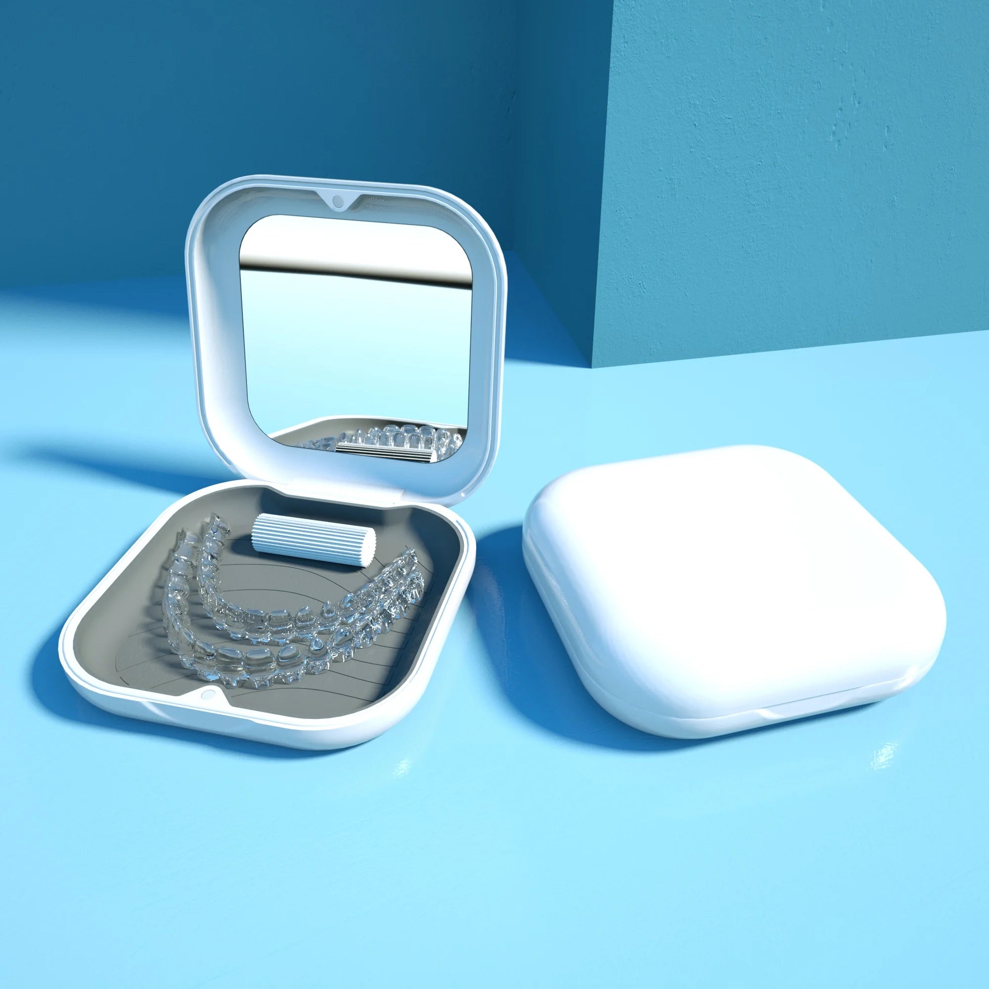 Custom Logo Small Aligner Orthodontic Retainer & Denture Storage Case ABS with Mirror Waterproof Bacteria Isolation