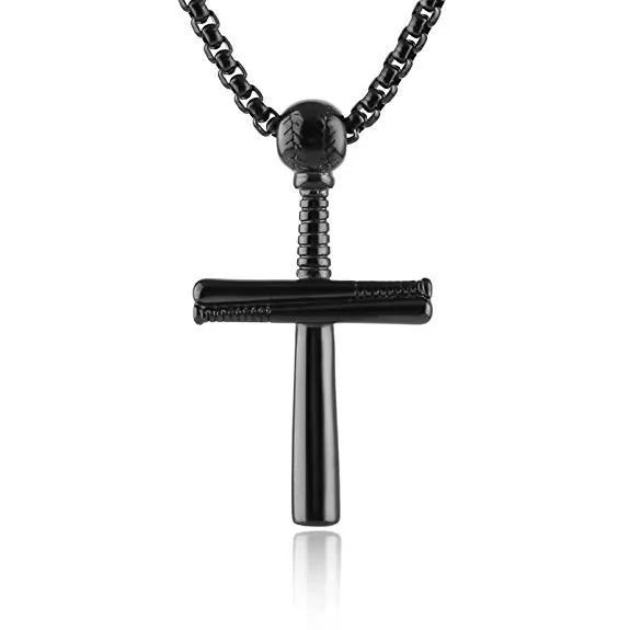 Boys & Men's Punk Style Stainless Steel High Polished Sports Baseball Cross Fine Pendant Necklace Black Silver Gold Anniversary