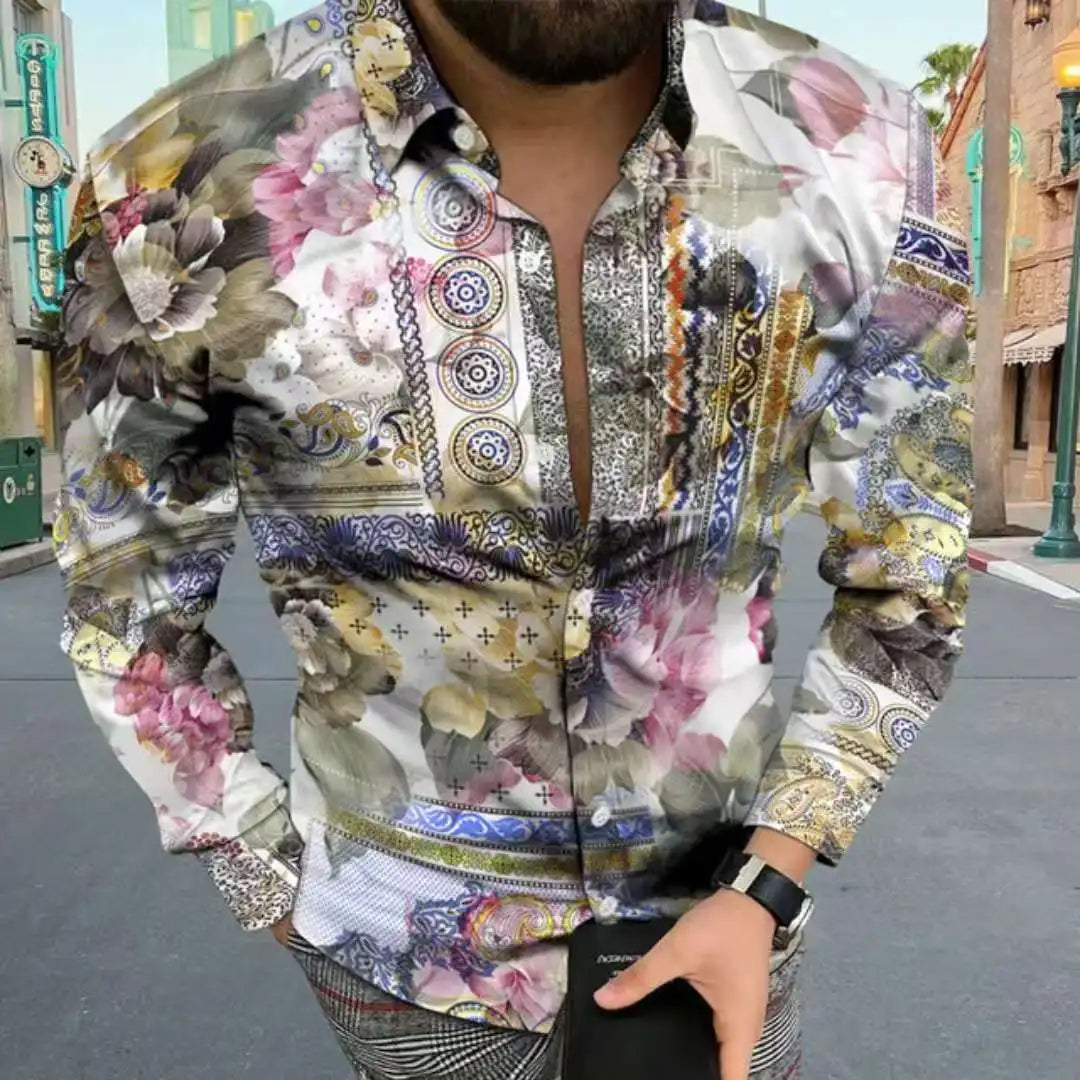 Wholesale Men's Retro Vintage Shirts Quick Dry Stand Chemises De Luxe Full Printed Full Pattern Fit