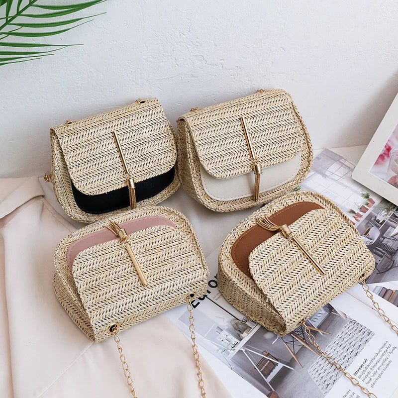 Retro Simple Straw Personality Style Chain One Shoulder Bags Women Handbags Ladies Fashion Compact Cross Tassel Makeup Handbags