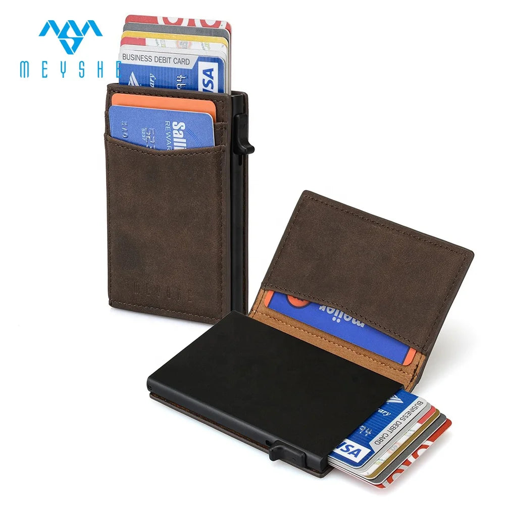 Business Coffee PU Leather Aluminum Automatic Pop Credit Card Holder Wallets One Touch RFID Customizable Logo ID Cards Gifts