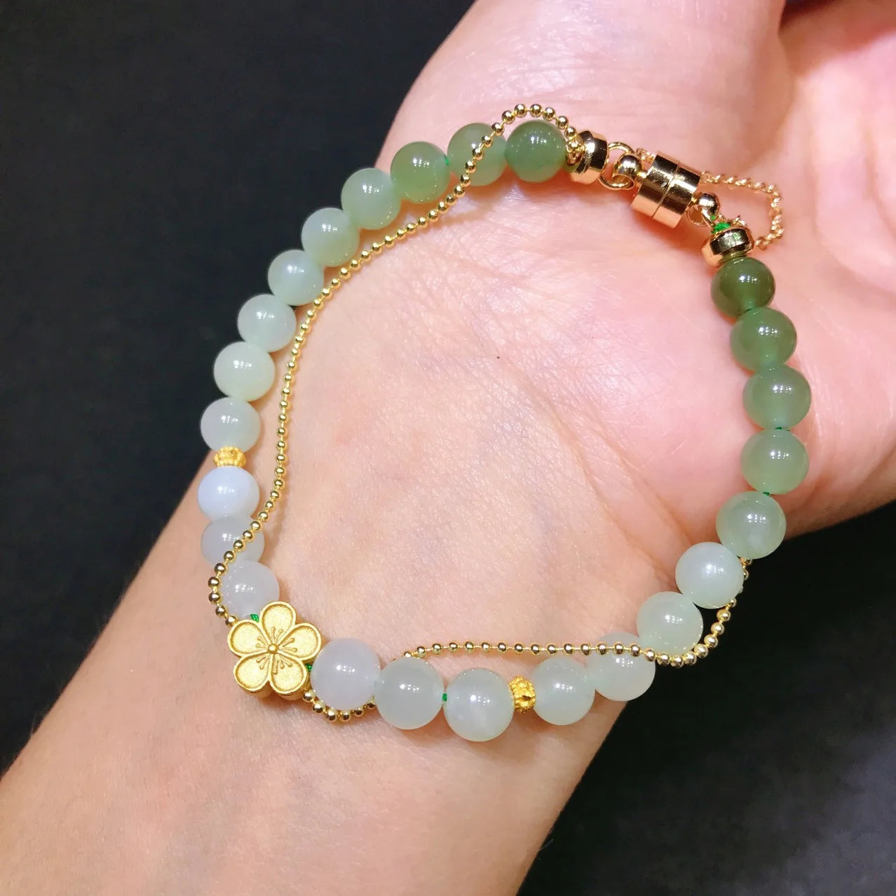High Quality Precious 925 Sterling Silver Gold Filled Flower Charm Multi Color Hetian Jade Bead Bracelet for Women Girls