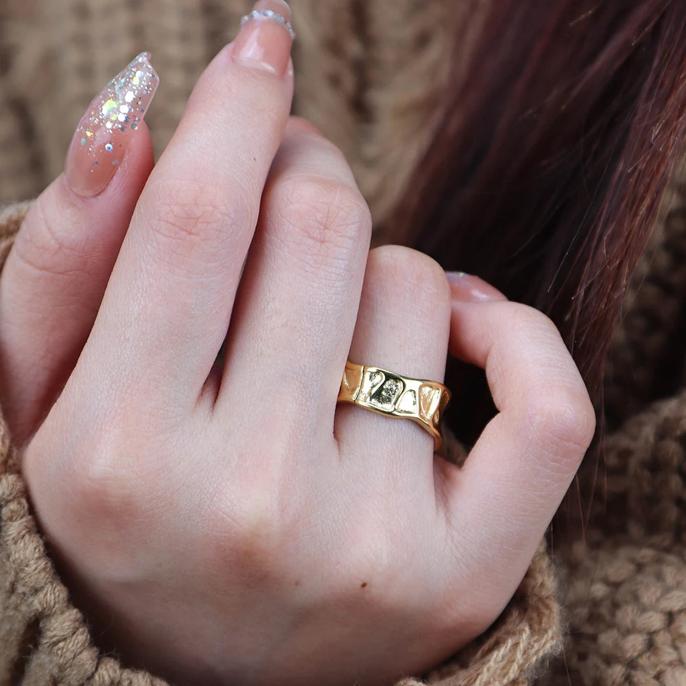Chris April Pinky 18k Gold Plated Organic lava Textured Stainless Steel Bumpy Band Ring