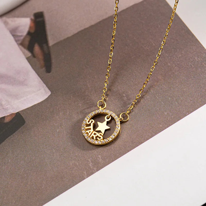 Fashion Jewelry 925 Sterling Silver Necklace Round Circle Star Diamond Letter STARS Pendant Gold Plated Necklaces Women