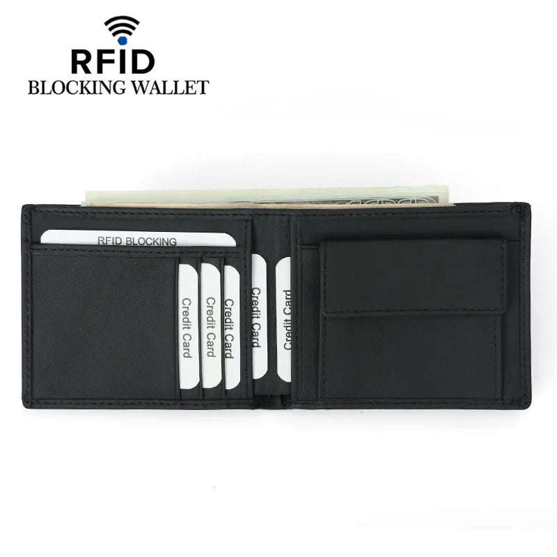 Wholesale Men's First-Layer Cowhide Full Grain Genuine Leather RFID Anti-Theft Short Wallet with Open Closure Coin Purse for Men
