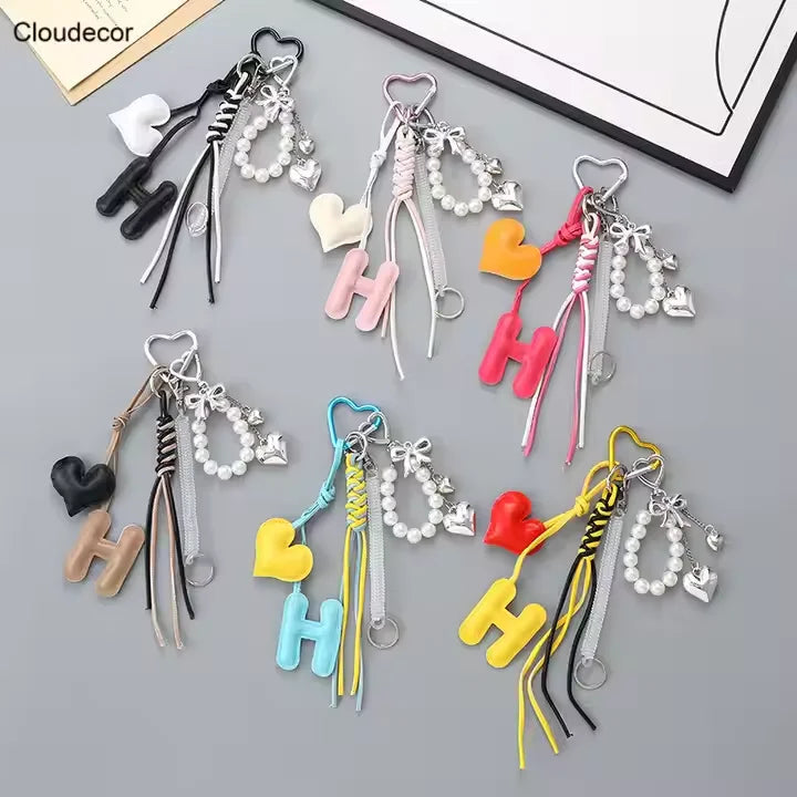 Miu Pu Classic Girl Heart Phone Strap Nylon Alloy Bag Charm Pearl Beads Letter H Love Bow Keychain Pendant Hanging Decoration