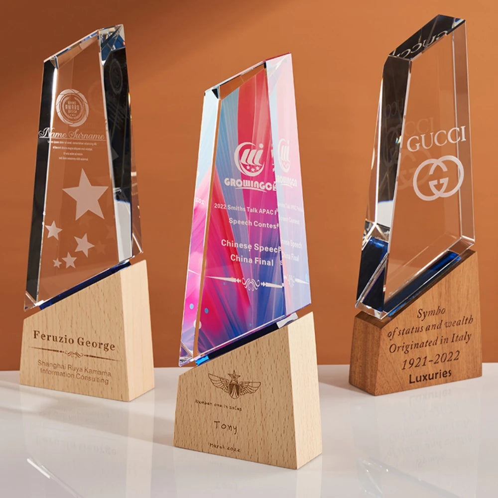 ADL New Design Crystal Glass Trophy with Beech Wooden with Colorful Background Customized Logo and Words for Activity Events