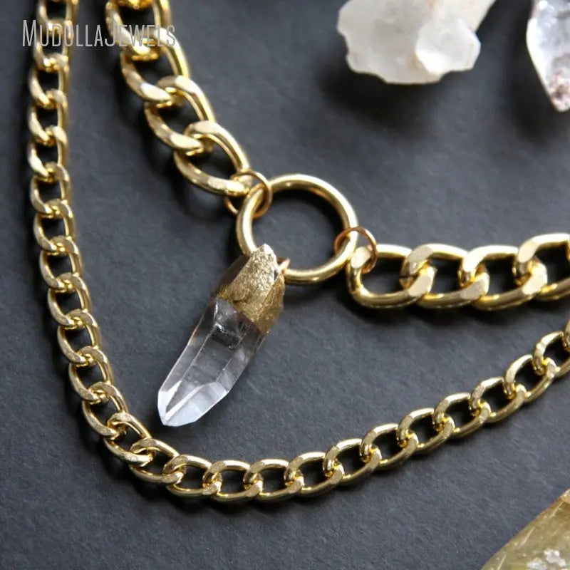 NM43762 Layered Gold Plated Quartz Crystal Pendant Necklace Choker Statement Stainless Steel Large Chunky Chain Jewelry