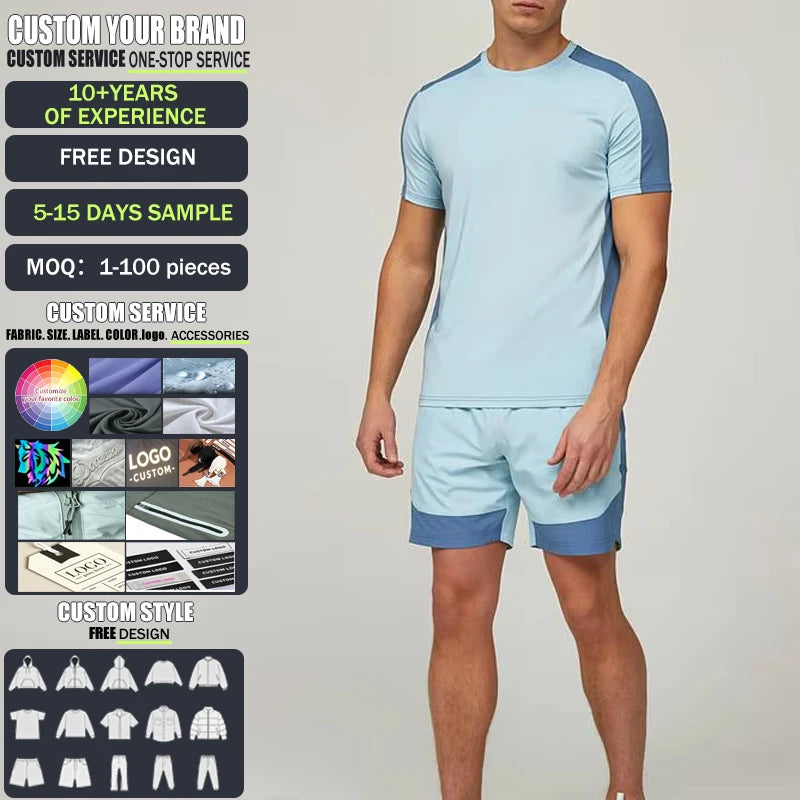 Customize Wholesale Reflective  Polyester Spandex Lightweight Stretchy Fabric 2 Pieces Suit Men T Shirt Shorts Set